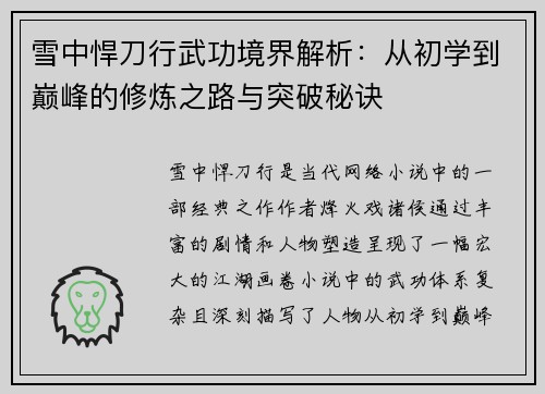 雪中悍刀行武功境界解析：从初学到巅峰的修炼之路与突破秘诀